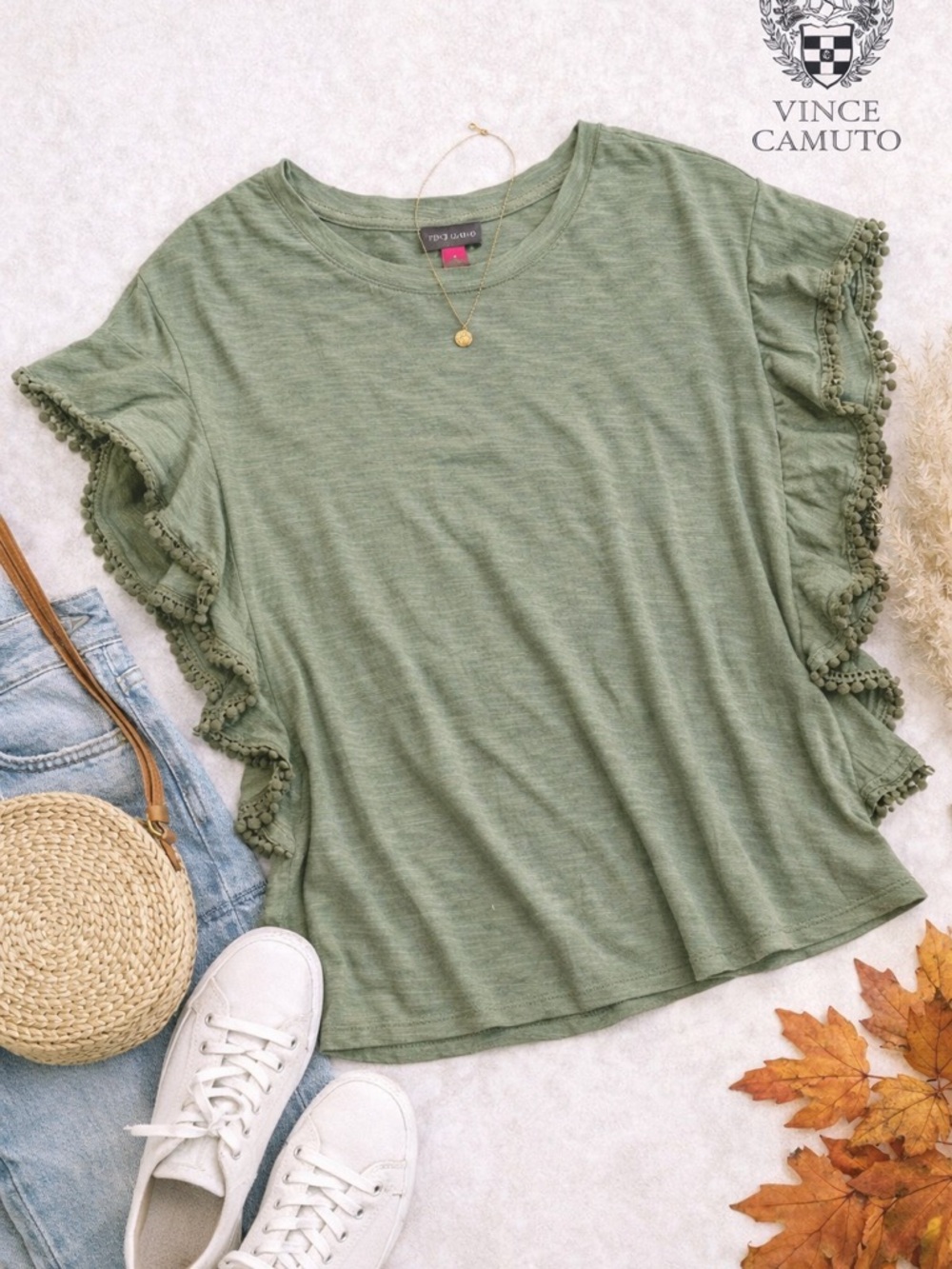 Vince Camuto Olive Green Flutter-Sleeve Top